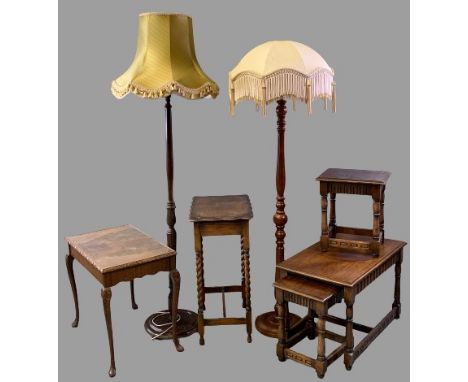 VINTAGE &amp; LATER FURNITURE PARCEL, six items including two reproduction standard lamps with shades, vintage painted standa