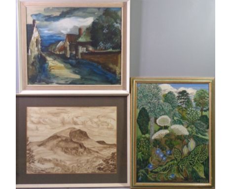 ANN WILLIAMS tapestry - titled 'Ynys Gain Garden', 56 x 42cms, a painting - mountainscape by the late Mrs Williams and a mid-