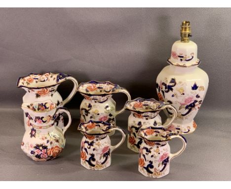 MASONS 'MANDALAY' JUGS, an assortment of shapes (6), 18cms H the tallest and a Masons 'Mandalay' table lamp