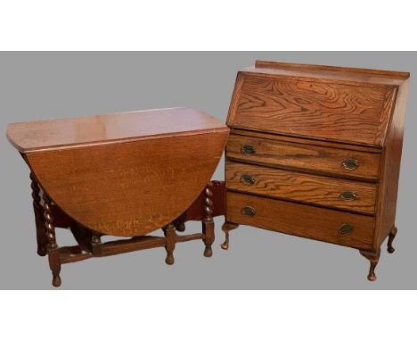 VINTAGE OAK FALL FRONT BUREAU, 100cms H, 85cms W, 41cms D and a barley twist gate leg dining table, 73cms H, 101cms W, 57cms 