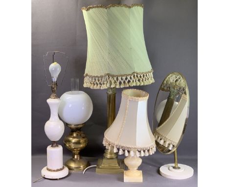 LIGHTING - heavy Corinthian column table lamp on a stepped square base, 55cms H (up to the light bulb), other lamps and a mid