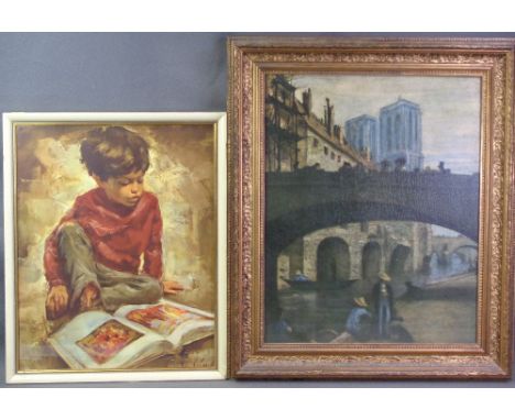 AFTER R VAN CLEEF print (series 163) - 'Boyhood Joys', 44.5 x 35cms and a Continental print in a gilt frame - fishermen under