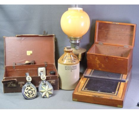 ECLECTIC ASSORTMENT - workboxes and haberdashery contents, small leather suitcase with collectables, flagon for 'Stantons of 
