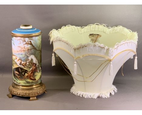 CHINA &amp; BRASS FLOORSTANDING OIL LAMP depicting hunting dogs and prey, converted with a shade, 40cms H (without shade)