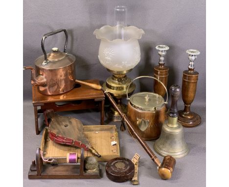 ANTIQUE MAHOGANY FOLDING FOOTSTOOL, vintage tape measure, treen candleholders, biscuit barrel, bellows, copper kettle, school
