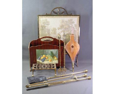 BRASS FIRE IRONS, trivet stand, bellows, good heavy brass firescreen and a magazine rack