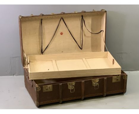 VINTAGE WOODEN &amp; METAL BANDED TRUNK with inner tray and label 'Pioneer'