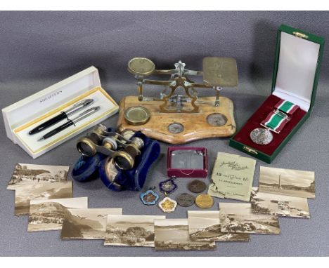 VINTAGE POSTAL SCALES, cased opera glasses, Sheaffer pen set, London Academy of Music &amp; Dramatic Art medallions, Ronson l