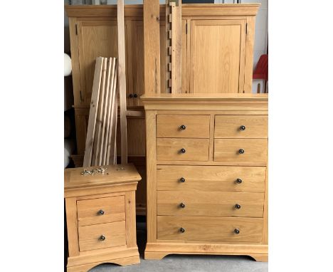 MODERN BEDROOM FURNITURE - quality, in light oak effect comprising triple door wardrobe with base drawers, 193cms H, 174cms W