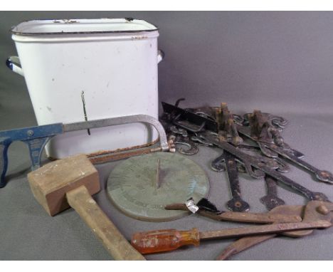 VINTAGE METALLIC SUNDIAL, ornamental door furniture and an enamel tin of old tools