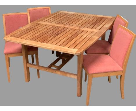 TEAK EXTENDING OUTDOOR/CONSERVATORY TABLE, 75cms H, 150cms W, 110cms D (closed), 210cms fully extended and a set of four Mark