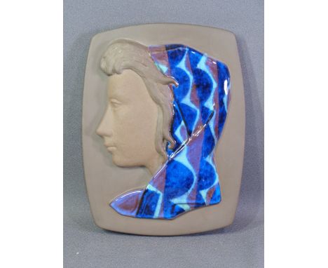 ROYAL COPENHAGEN part glazed stoneware plaque by Johannes Hedegaard, depicting the head of a lady wearing a scarf, 32 x 25cms