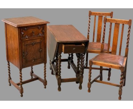 VINTAGE OAK BARLEY TWIST FURNITURE, four items to include a twin flap gate leg table, 73cms H, 42cms W, 90cms D (closed), 119