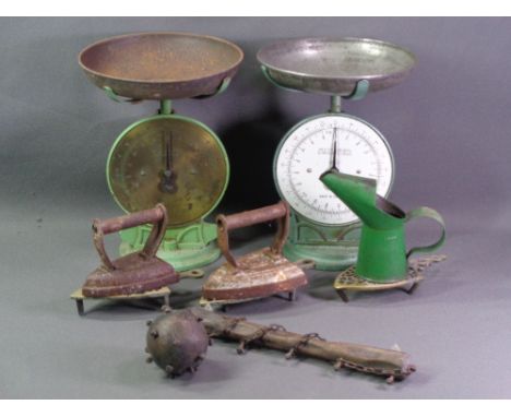 SALTER SCALES, two sets-no. 50, old flat irons and stands, vintage oil can and an ornamental 'gladiator's mace'