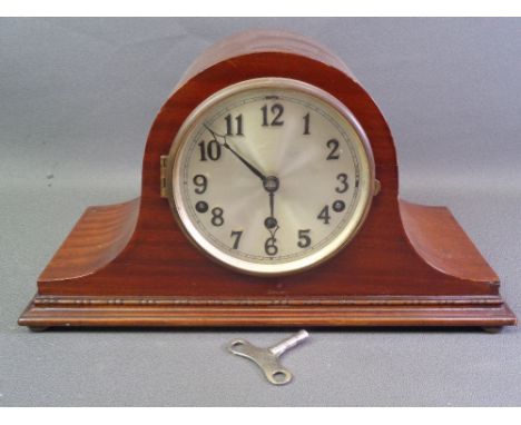 ANTIQUE MAHOGANY MANTEL CLOCK with Westminster chime and silvered dial, excellent example, 25cms H, 42cms W, 19cms D