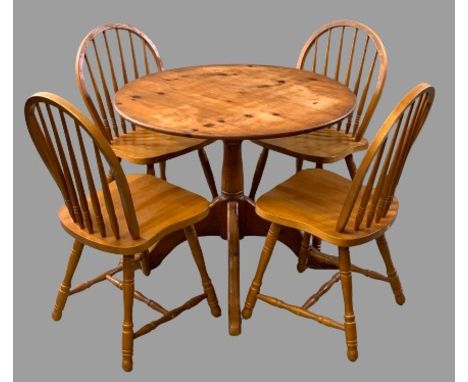 MODERN PINE CIRCULAR PEDESTAL TABLE, 73cms H, 91cms diameter and four light wood spindleback farmhouse chairs, 90cms H, 44cms