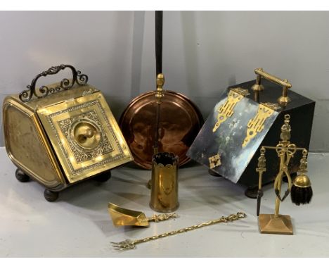 ANTIQUE FIRESIDE GOODS, a mixed quantity including an early 19th Century brass and wrought iron lidded coalbox containing a q