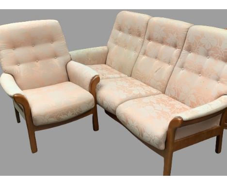 CONTEMPORARY STYLE TEAK CINTIQUE TWO PIECE LOUNGE SUITE of button back upholstered, ladderback three seater settee, 96cms H, 