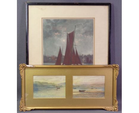F WALTERS watercolours, a pair in one frame - boating scenes with headland in background, 10.5 x 15cms each (20 x 44cms inclu
