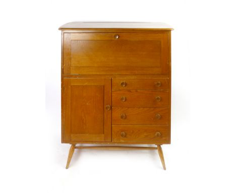 An Ercol elm cabinet, the fall front over a door and four drawers on circular tapering beech legs, w. 97 cm CONDITION REPORT: