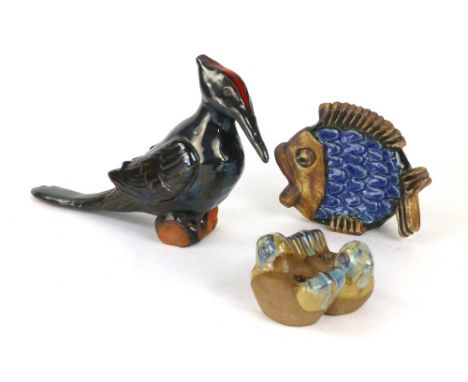 A ceramic fish in a royal blue glaze by Ego Stengods, l. 16 cm, a candle holder by Bornholm and a ceramic bird with red plumm