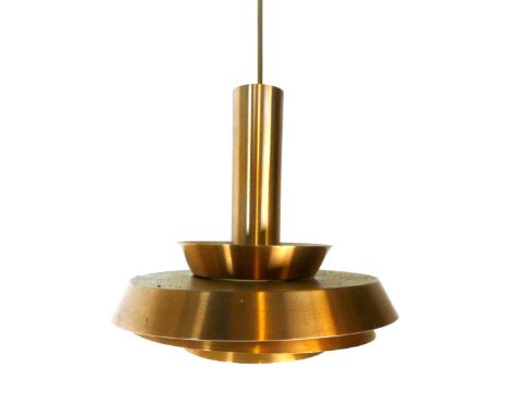A 1970's copper coloured three tier ceiling light with a cylindrical support CONDITION REPORT: Knocks and wear, working order
