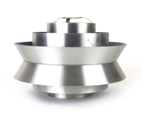 A 1970's spun aluminium four tier ceiling light shade with purple bands