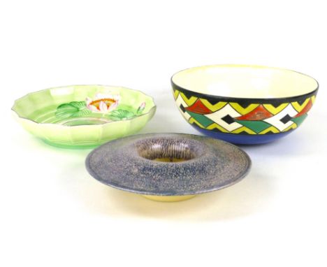 An Art Deco bowl decorated with geometric shapes within a black border on a blue ground, by BIHL of Czechslovakia, d. 23 cm, 