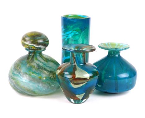Michael Rayner for Totland Bay, a blue cased glass decanter with stopper, h. 16cm, two Mdina vases and a similar cylindrical 