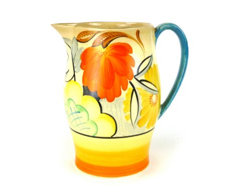 An Art Deco jug, the white ground decorated with orange, yellow and green stylised flowers, by Grays Pottery, h. 19.5 cm COND