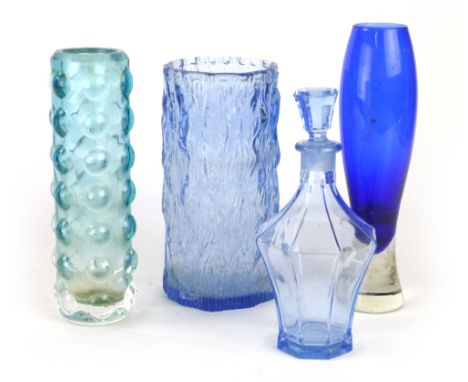 A Whitefriars-type cylindrical vase, h. 20 cm, a moulded glass decanter with stopper and two other vases CONDITION REPORT: Go