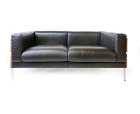 Robin Day for Habitat, a 'Forum II' two-seater sofa, the black leather seats enclosed by an oak frame with chrome supports, l