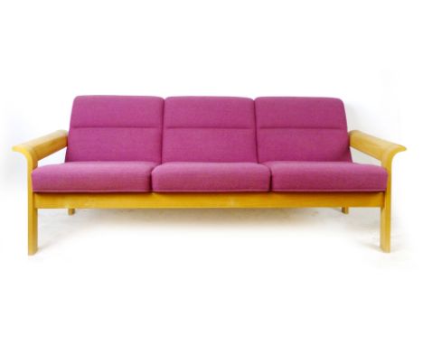 A Danish bentwood three-seater sofa with purple fabric upholstery by Magnus Olsen CONDITION REPORT: Overall good