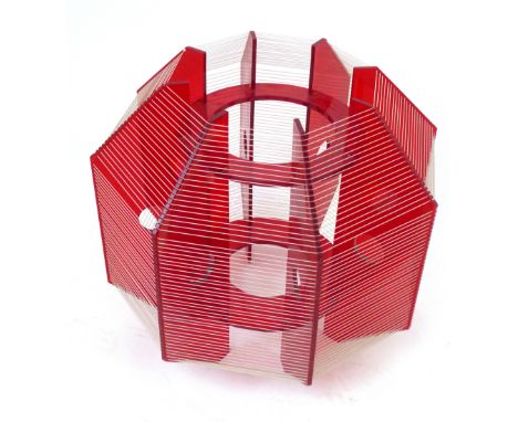 A 1970's red plastic and line light shade of geometric form CONDITION REPORT: Good for age, some repairs
