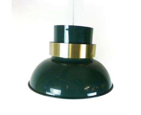 A 1970's green  ceiling light of trumpet form with a spun aluminium band CONDITION REPORT: Working order unknown, some wear b