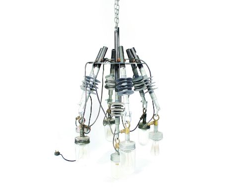 A 1940's-style Industrial seven branch steel ceiling light CONDITION REPORT: Losses, very heavy, wear, requires rewiring 3 bu