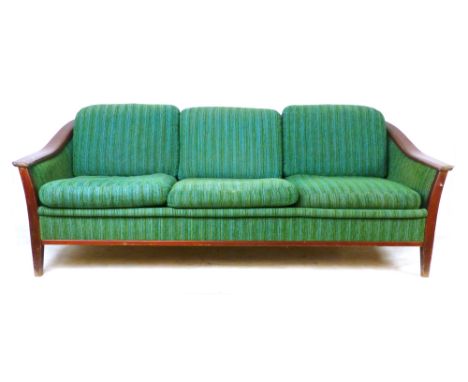 A Danish stained beech three-seater sofa with green fabric upholstery on square tapering legs, l. 196 cm CONDITION REPORT: We