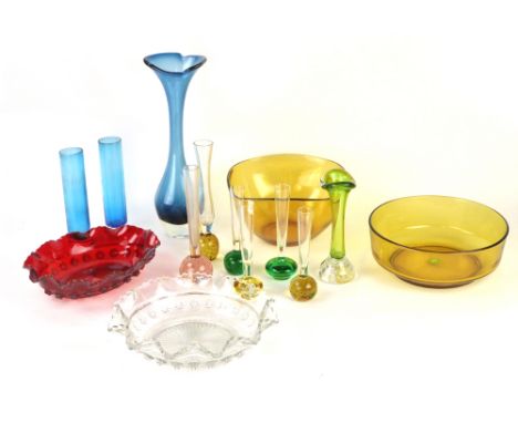 A blue cased glass carafe with glasses, a group of Swedish art glass vases and various other glassware CONDITION REPORT: Fair