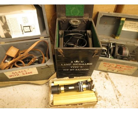 Mixed group of military issue instruments to include a cased Astro Compass Mk 11, Air Ministry issue boxed signaling lamp typ