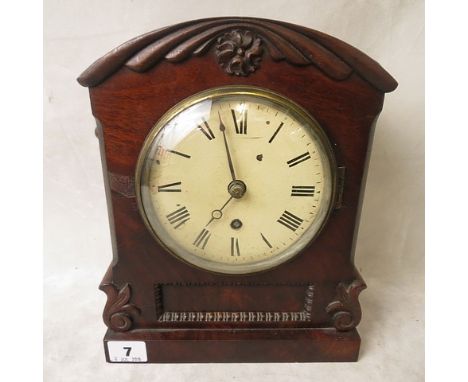 A Victorian mahogany cased mantle clock with ring turned side handles (one missing), 5 white painted Roman dial with single w