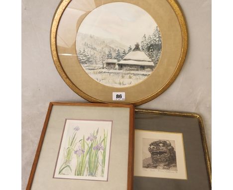 Brian Williams, etching, 'Shishi', 29/50, 1978, watercolour of Irises, signed '79', Circular watercolour, Winter landscape, '