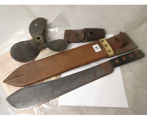 WWII Martindale Machete Bolo knife in leather scabbard, a small brass propeller and ephemera related to the original owner