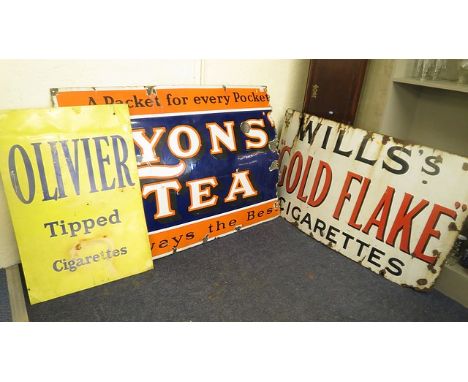 An enamel sign 'Lyons Tea' early 20th century, 39 x 55, together with an enamel sign 'Will's Gold Flake Cigarettes' and 'Oliv