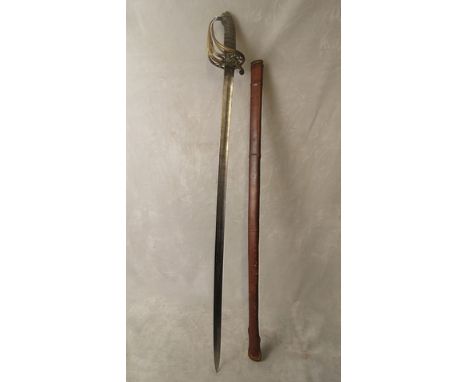 A Victorian dress sword with shagreen hand grip, crown VR cipher to hand guard and blade, in leather scabbard, blade 32 5/8 l