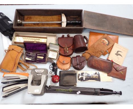 A COLLECTION OF VINTAGE LEATHER PURSES instruments, and sundries