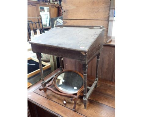 A VINTAGE CHILD'S DESK and a small Edwardian dressing table mirror (as found)
