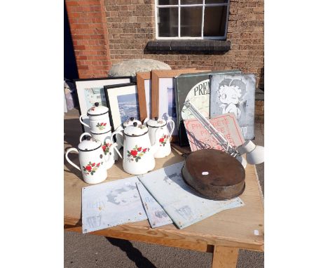 A COLLECTION OF VINTAGE FRENCH ENAMEL WARE pictures, faded reproduction signs, a copper pan, an adjustable lamp and a stool (