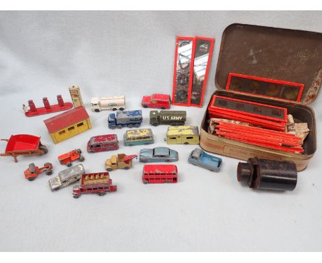 A SMALL COLLECTION OF LESNEY DIECAST VEHICLES (playworn) and some toy lantern slides