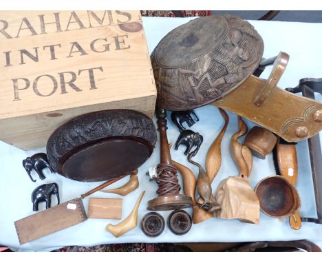 A WOODEN 'GRAHAM'S VINTAGE PORT' CRATE containing various wooden items