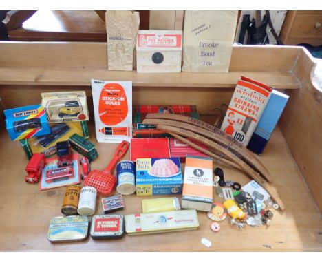 A COLLECTION OF VINTAGE PACKAGING to include 'Pearce Duff's Blancmange' three wooden coat hangers, a small collection of mode